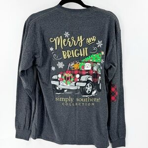✅SIMPLY SOUTHERN "MERRY AND BRIGHT" LONG SLEEVE GREY T-SHIRT SIZE MEDIUM HOLIDAY